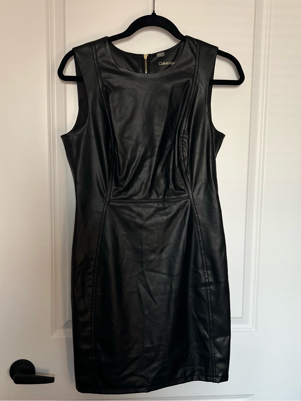 Calvin Klein Black Faux Leather Sleeveless Sheath Dress